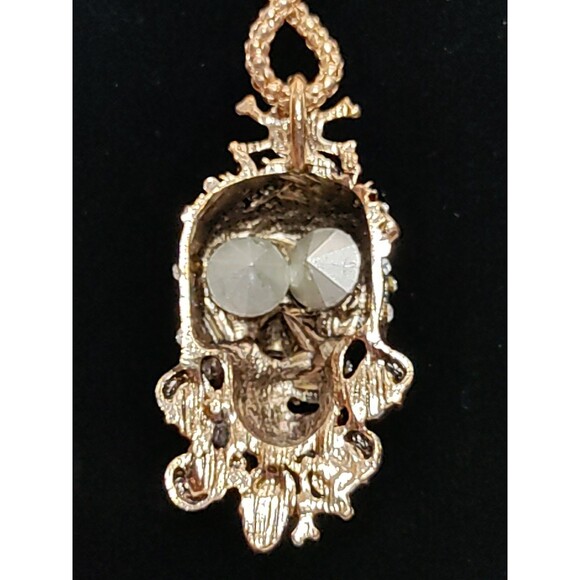 Betsey Johnson Gold Tone Skull Necklace With Multiple Skulls & Crystats - Picture 2 of 5